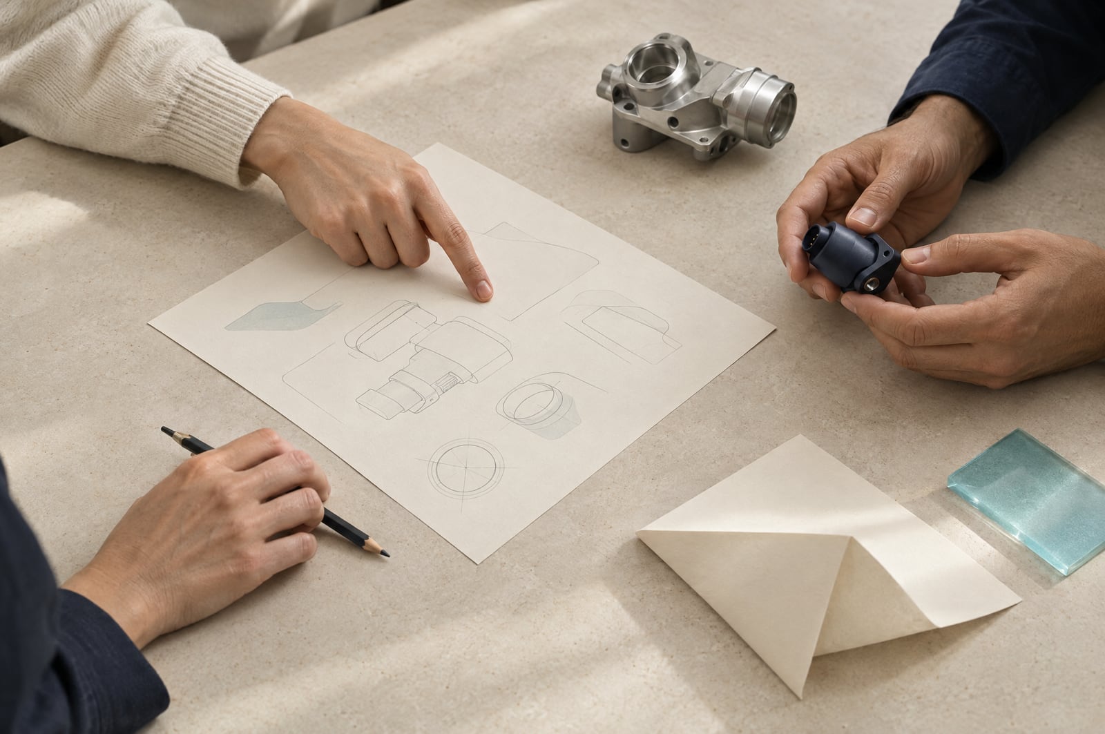Hands discuss a small mechanical component and a paper prototype on a quiet studio table.