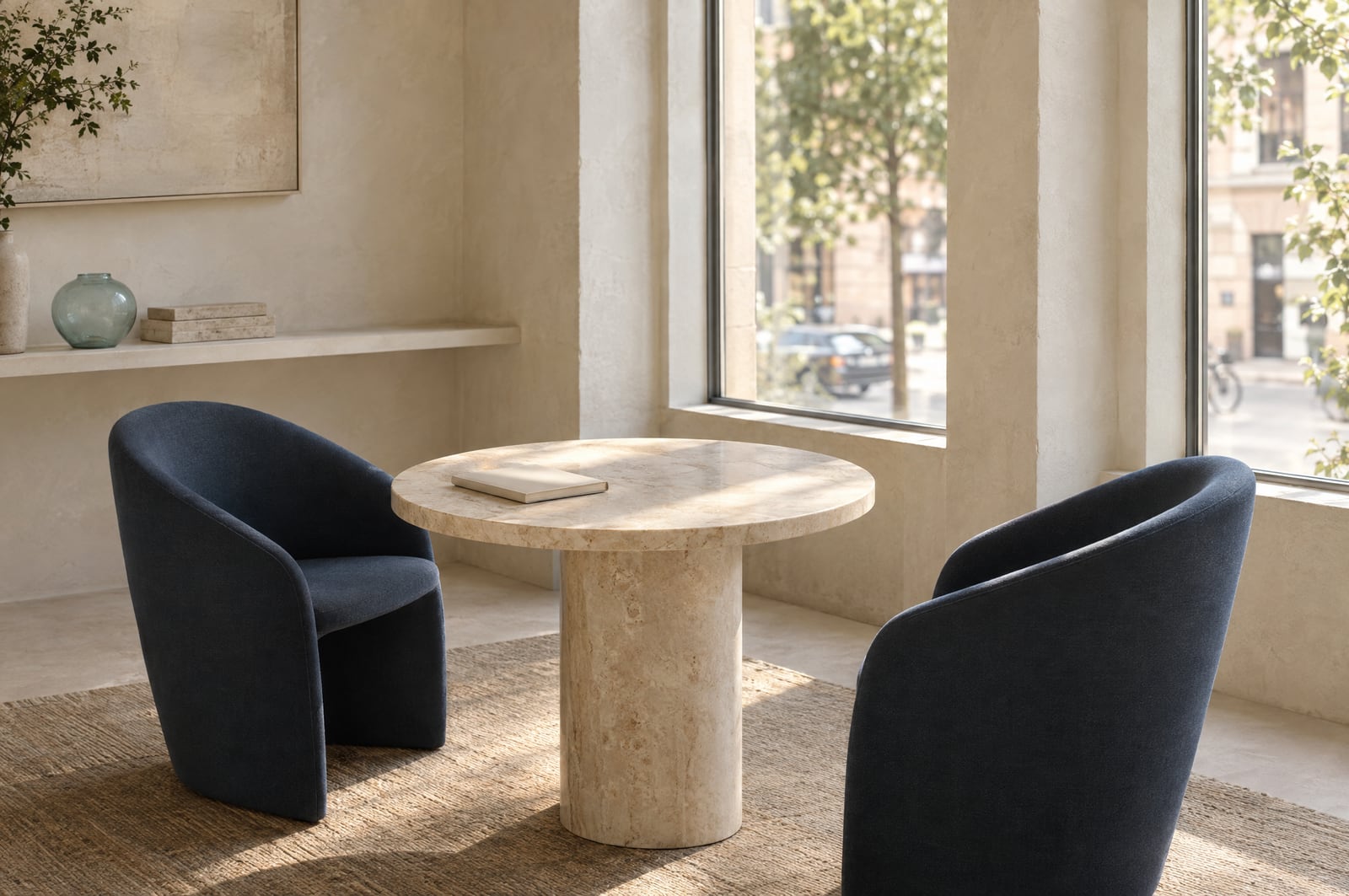 Two chairs face a round stone table in a sunlit meeting nook with a closed notebook.