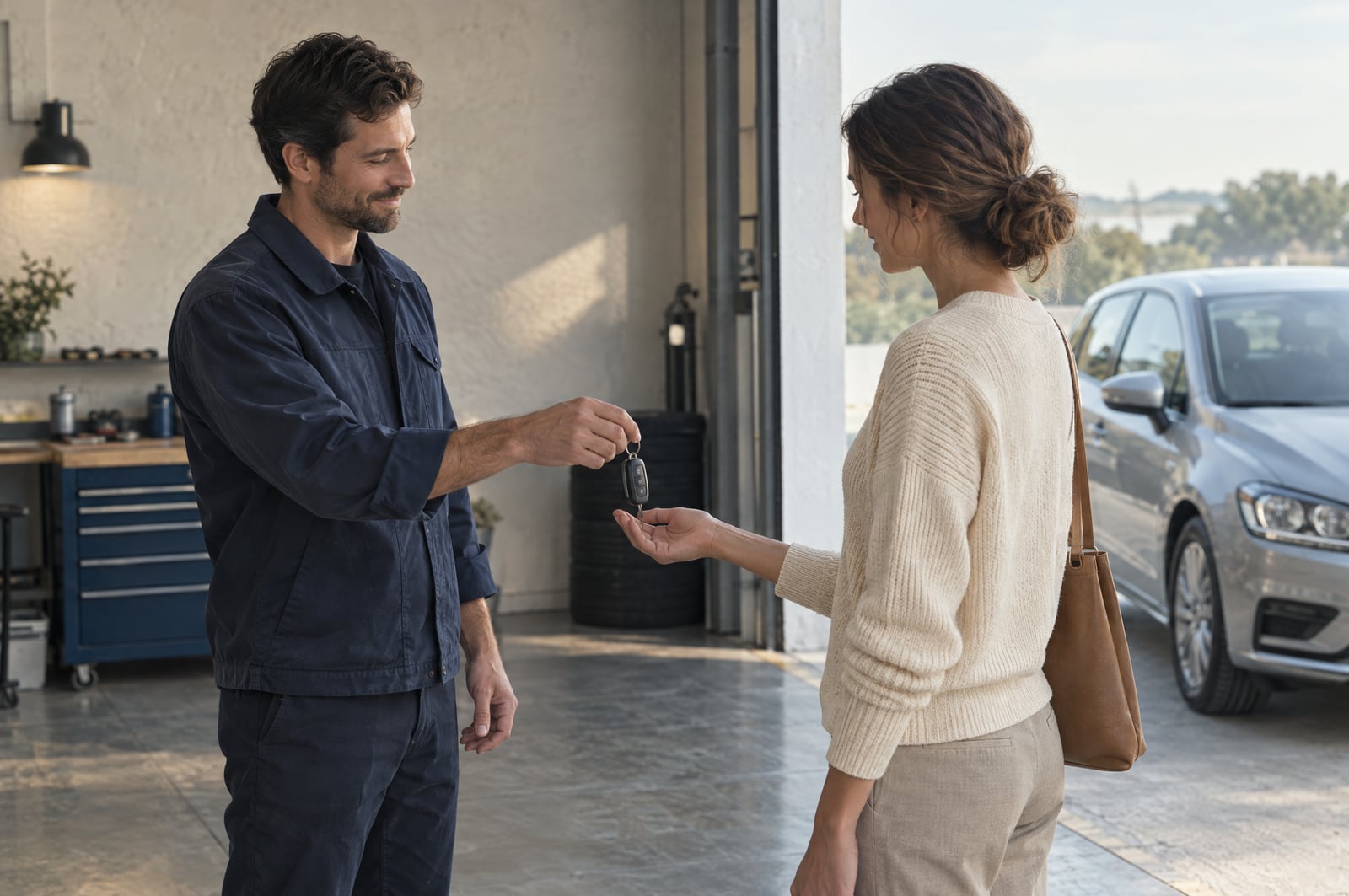 A fictional technician hands a car key to a customer beside an open workshop bay and a parked vehicle.