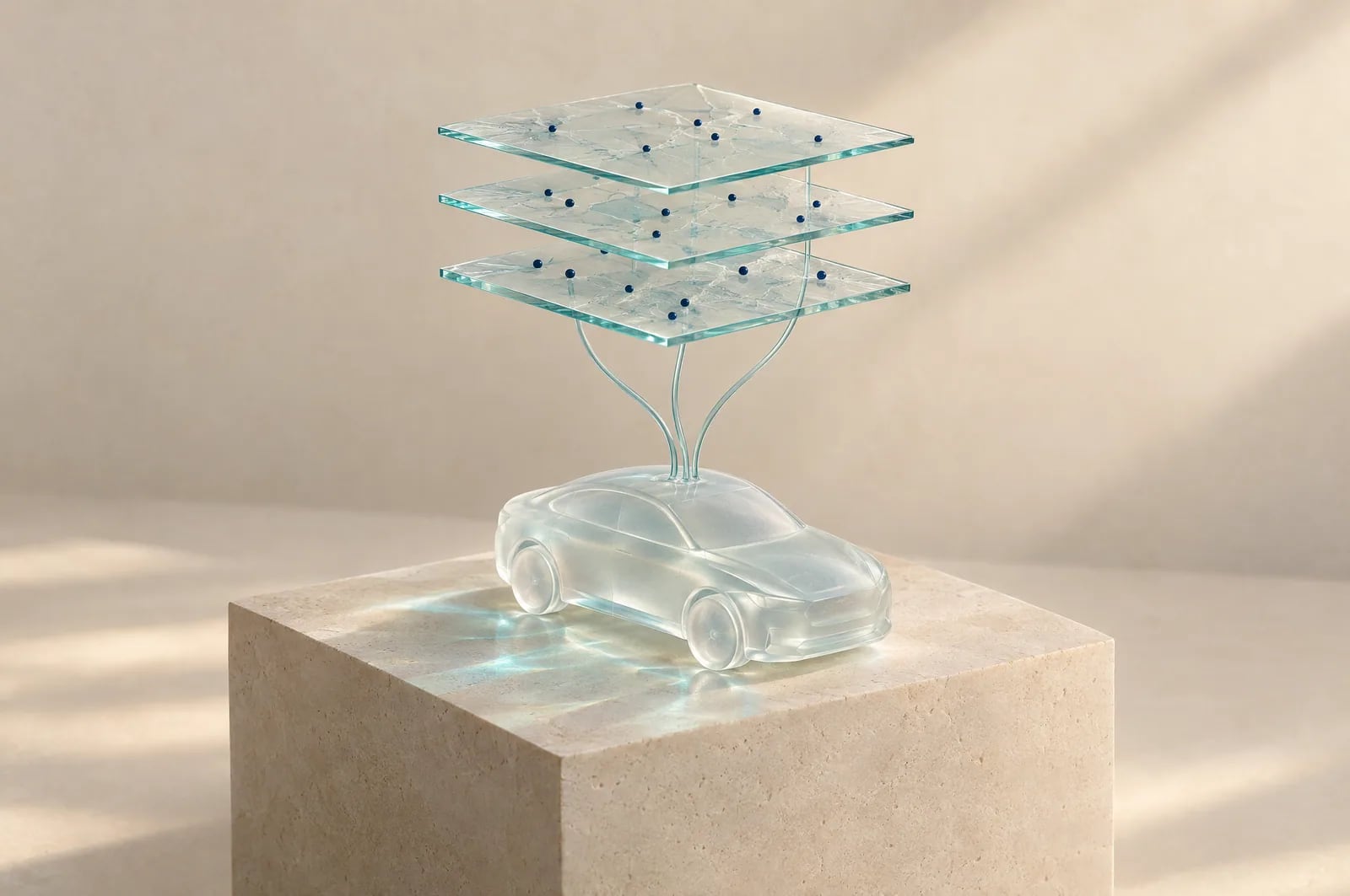 An abstract glass vehicle connects by aqua filaments to separate translucent layers, illustrating traceable evidence.
